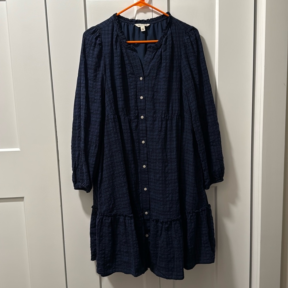 Frye & Co Womens Dress Size L Navy Plaid Button Up Boho Peasant Cowgirl Cottage